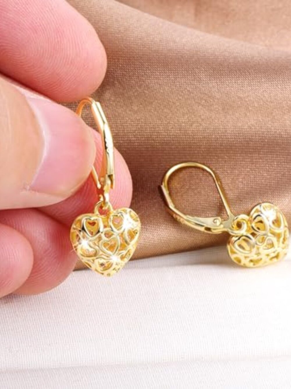 Silver Earings 14K Gold Plated French Style Leverback Ears Heart Dangle Drop